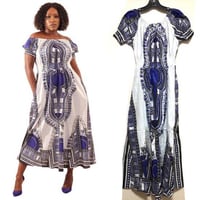 ワックスプリント　ダシキ　アフリカンプリント　ロング　ワンピース　Africa Dashiki White×Blue