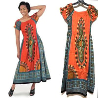ダシキ　アフリカンプリント　オフショルダー　ロング　ワンピース　Africa Dashiki Orange