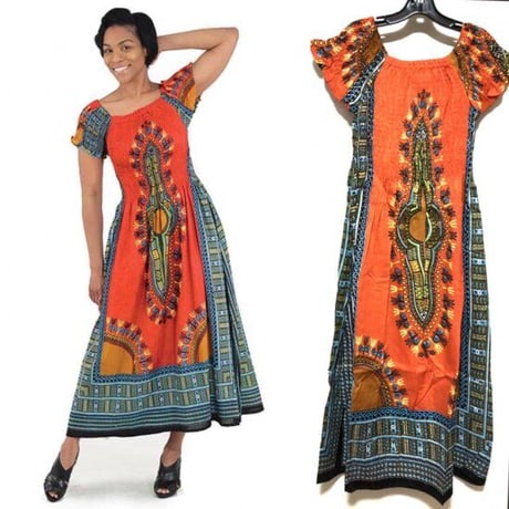 ダシキ　アフリカンプリント　オフショルダー　ロング　ワンピース　Africa Dashiki Orange