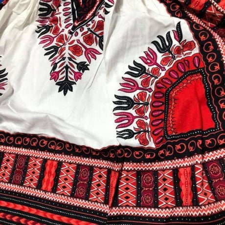 ホワイト×レッド　ダシキ　アフリカンプリント　オフショルダー　ショート　ワンピース　Africa Dashiki White/Red