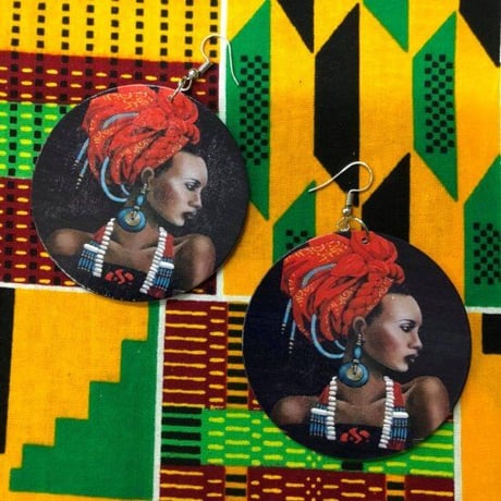 両面プリント　アフリカ　アフリカン　女性　ターバン　カラフル　ピアス　Africa　African woman