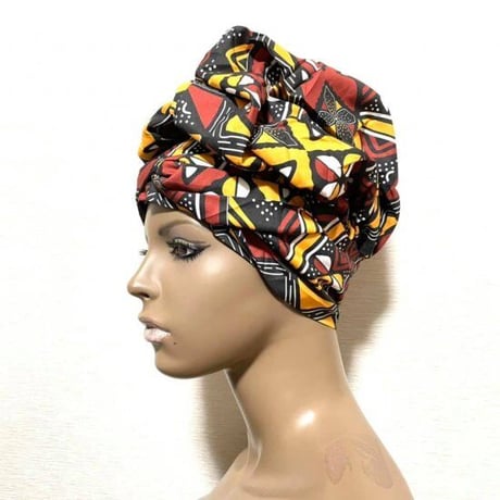 アフリカンプリント　ボンネット　キャップ　らくらくターバン　ターバン帽子　ヘッドラップ　African print Bonnet cap Head wrap Mud print