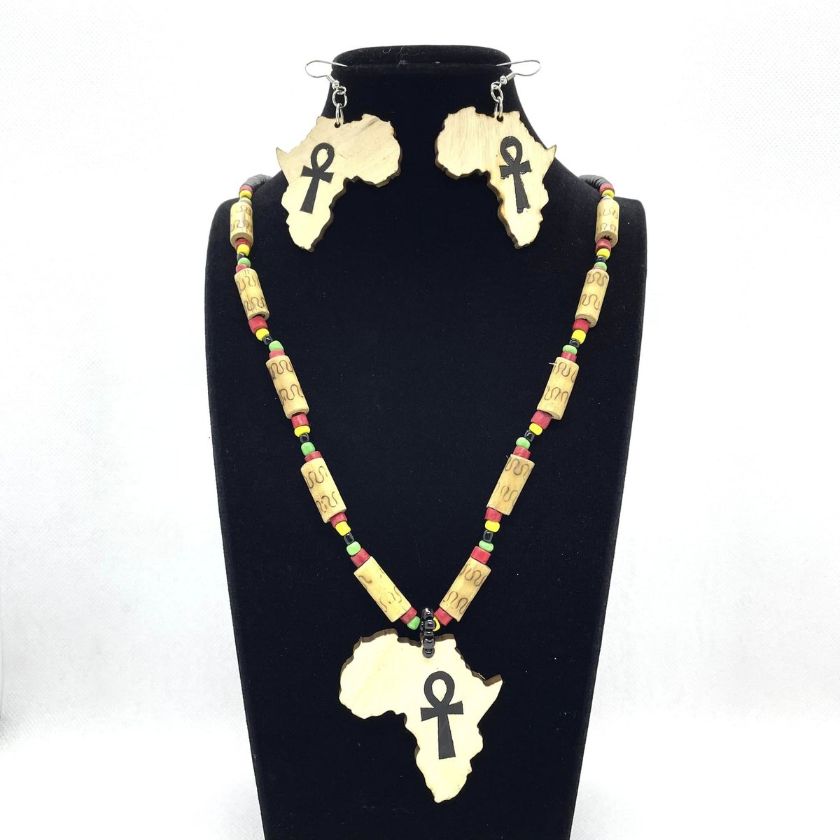 アフリカ大陸 アンク アフリカ ビーズ ウッド ピアス ネックレス セット African Map Ankh