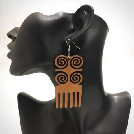 アフリカ　シンボル　アディンクラ　サンコファ　コーム　モチーフ　ウッドピアス　Africa Adinkra DWENNIMMEN Sankofa