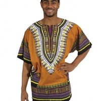 薄手素材　Mustard　ユニセックス　男女兼用　ダシキ　Dashiki　半袖シャツ　アフリカンプリント　民族衣装　 ヒッピー　hiphop