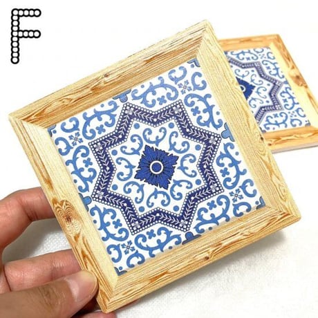 エスニック　ウッド　セラミック　タイル　コースター　スクエア型　曼荼羅　幾何学模様　Ethnic wood coaster