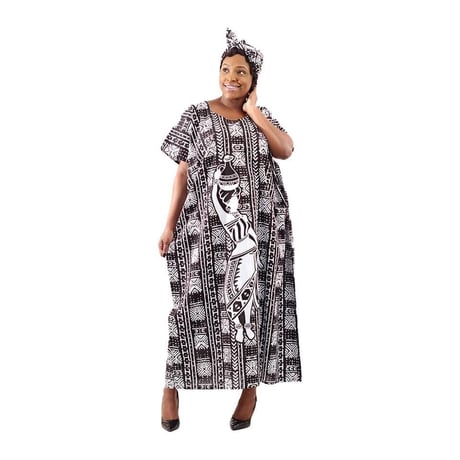 2色　Mud print　アフリカンプリント　カフタン　ワンピース　ヘッドラップ付き　Africa woman printing Kaftan 05