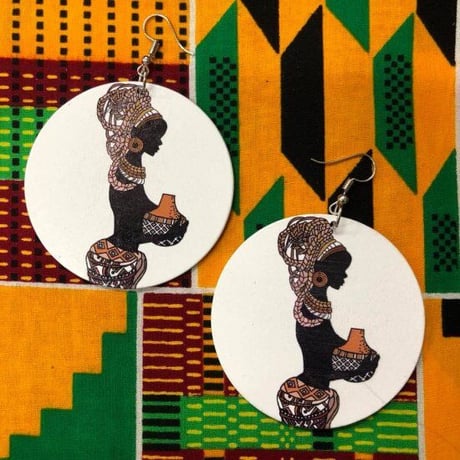 両面プリント　アフリカ　アフリカン　女性　ターバン　カラフル　ピアス　Africa　African woman