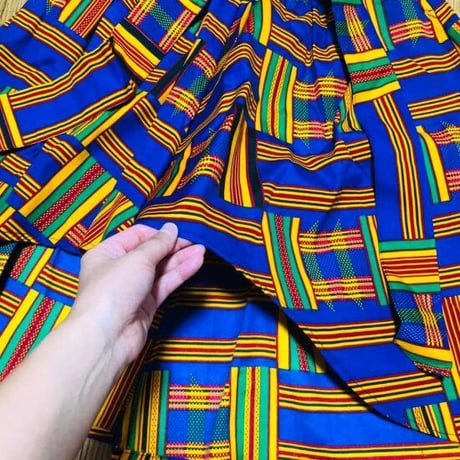 アフリカンプリント　ケンテ　ブルー　ケンテ　Hi-Lo　スカート　African print Kente Skirt