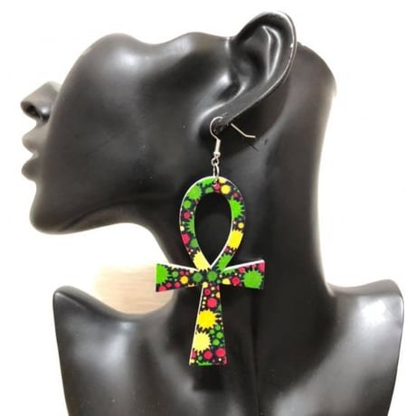 アンク×アフリカンプリント　ウッド　木製　アフリカ　エジプト　Egypt　Ankh　ピアス