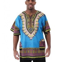 薄手素材　Turquoise　ユニセックス　男女兼用　ダシキ　Dashiki　半袖シャツ　アフリカンプリント　民族衣装　 ヒッピー　hiphop