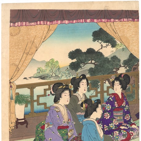 年方 「高楼迎客煎茶之図」