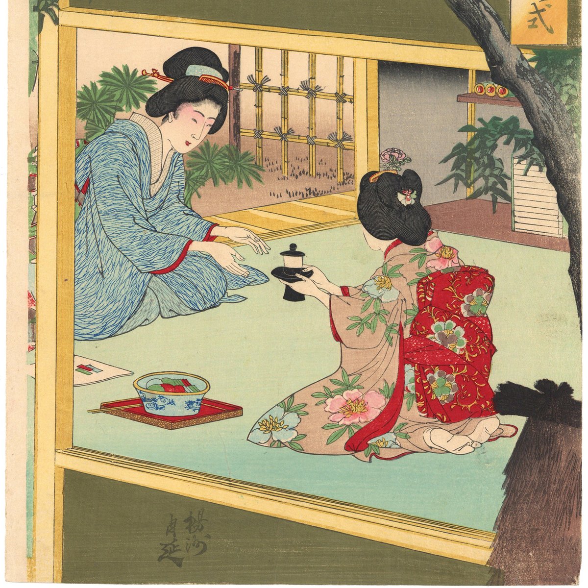 楊洲周延 【倭風俗女禮式】 一枚　明治25年　美人絵　版画　浮世絵　額付 楊洲周延 【倭風俗女禮式】 一枚 明治25年 美人絵 版画 浮世絵