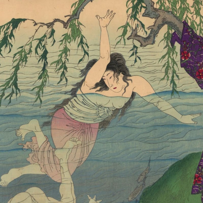 浮世絵版画、東繪畫夜競（岡崎水練) 橋本周延画、明治19年出版 周延「東錦昼夜競 岡崎水練」 -お愛の方- | 古美術もりみや