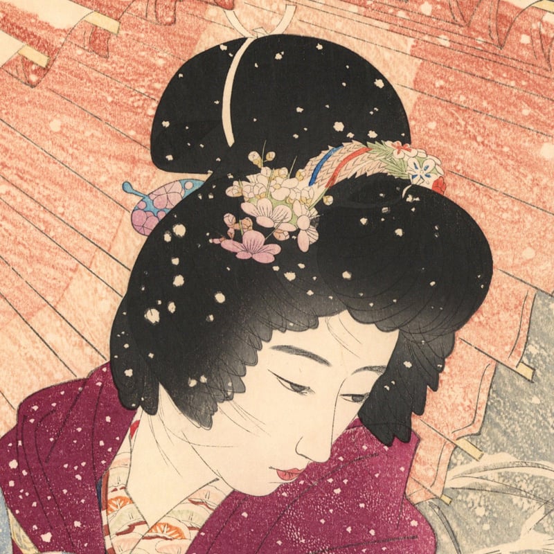 伊東深水版画、雪の夜、伊東深水画 癒しのぬり絵 伊東深水「雪の夜」木版画 を塗つてみた