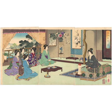 年方 「高楼迎客煎茶之図」