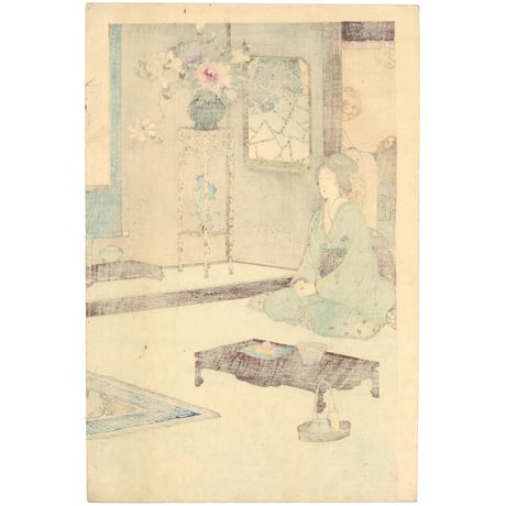 年方 「高楼迎客煎茶之図」