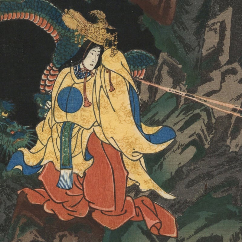 芳員 「建仁三年源頼朝卿富士之御狩の時仁田ノ四郎忠常命に依て人穴入