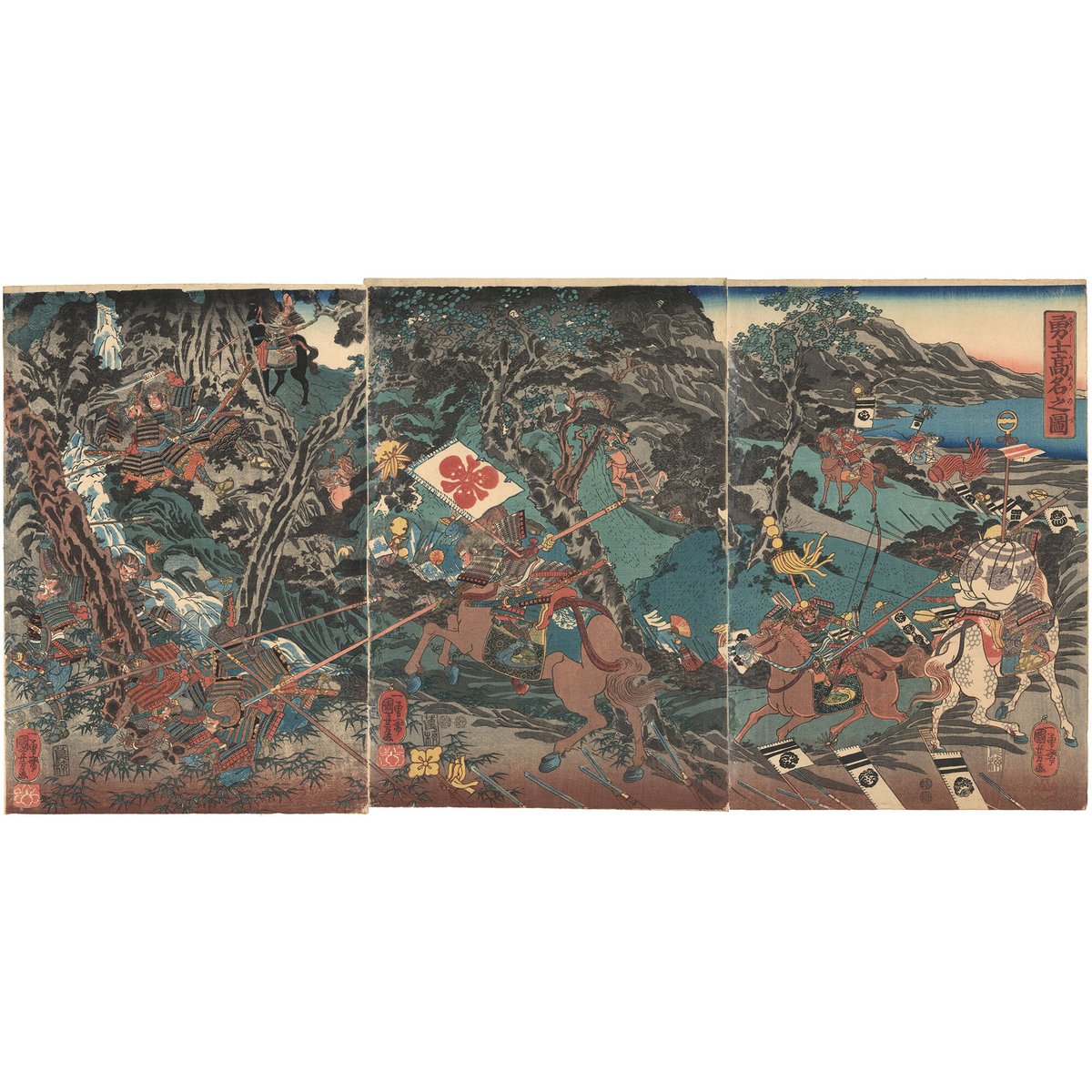 浮世絵、賤ケ峯合戦之圖三枚綴り、一勇斎国芳画(歌川国芳)補修多くジャンク品扱い 浮世絵、賤ケ峯合戦之圖三枚綴り、一勇斎国芳画(歌川