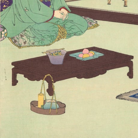 年方 「高楼迎客煎茶之図」