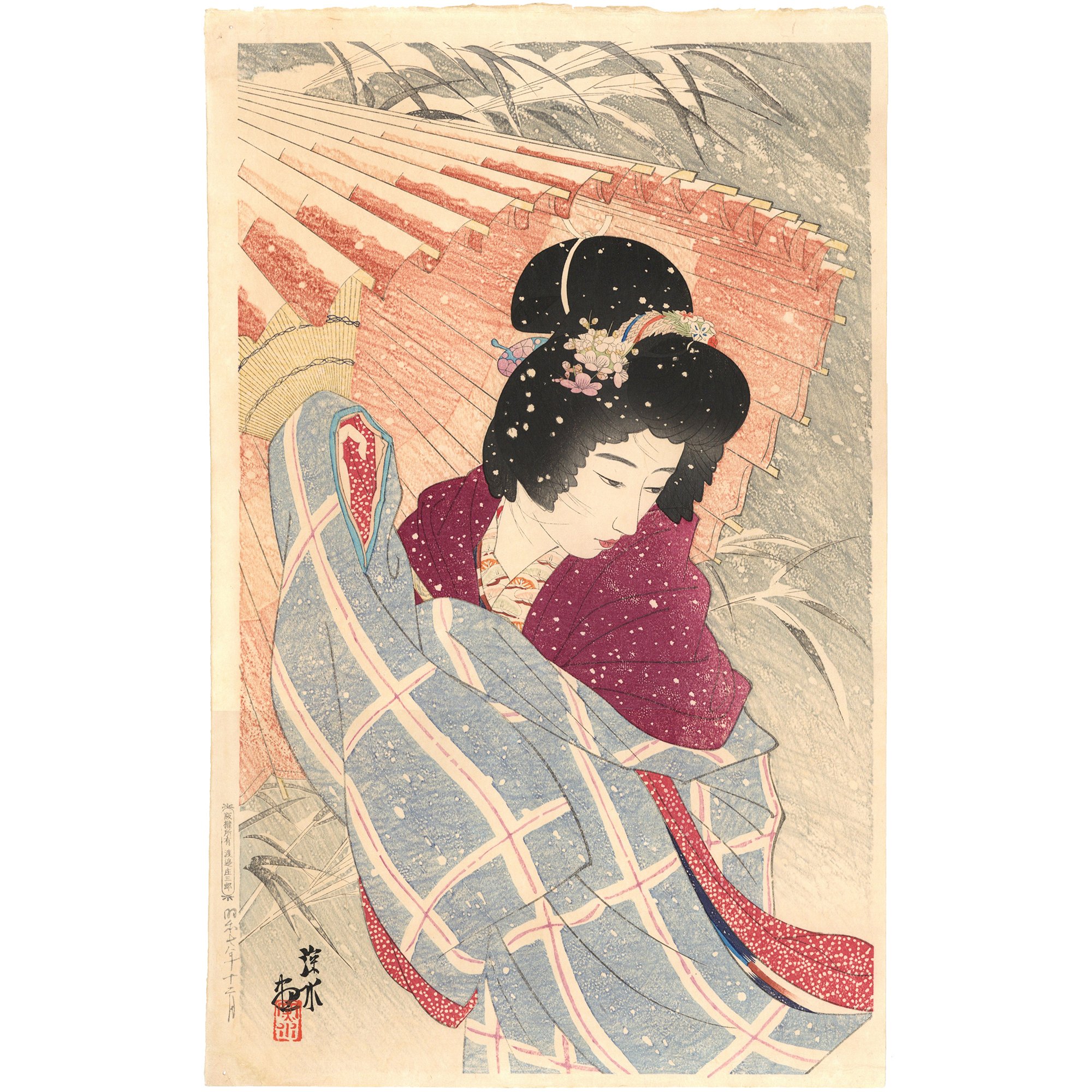 伊藤深水 木版画 314/350 額装 雪傘 美人 巨匠(K-YC668) original