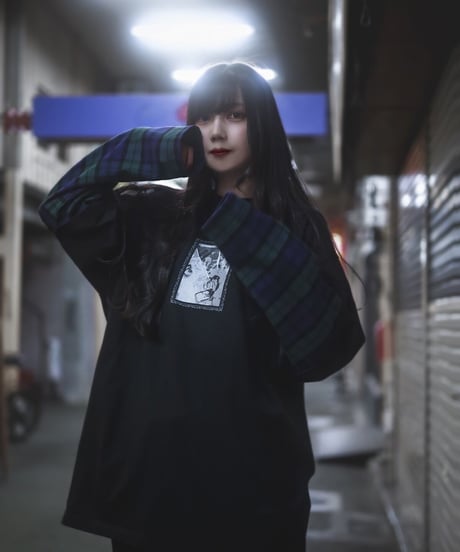 チェックガラドッキングロンT(Black）