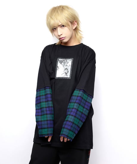 チェックガラドッキングロンT(Black）