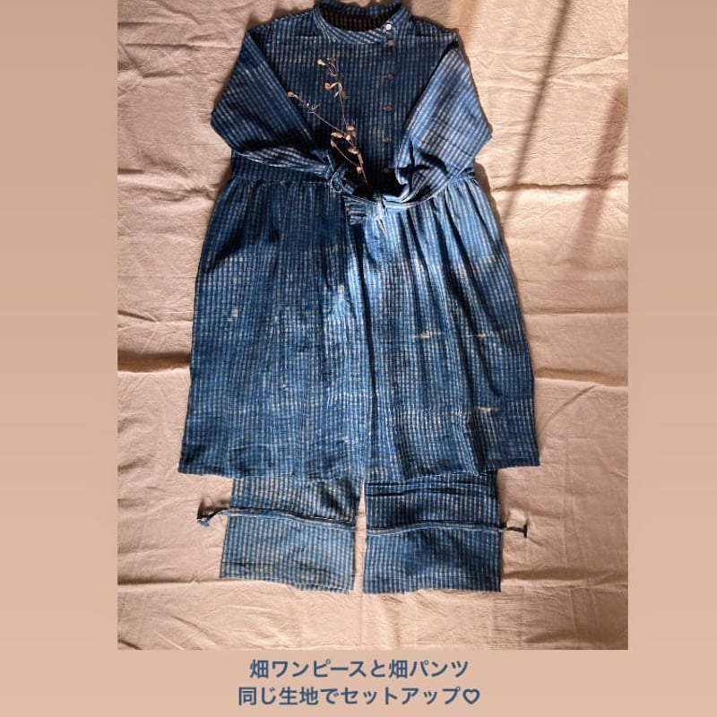 plantation チェック柄 ゆったり ワンピース インディゴ染め M
