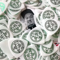 アイムギタリスト"PLAY"ロゴ トライアングル型 0.8mm 5枚セット/ WHITExMETALLIC GREEN送料185円