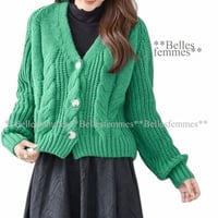 218緑★M～L★ローゲージケーブルニット*ショート丈カーデ*TRUBE