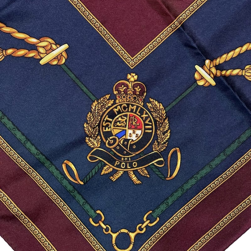 Ralph Lauren スカーフ ネイビー ゴールド エンブレム ロゴ シルク LAUREN RALPH LAUREN（ローレン ラルフ ローレン）の「プリント