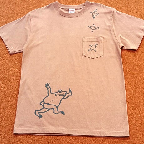鳥獣戯画アクロバットカエル　ポケット付きTシャツ　M〜Lサイズ　スモーキーピンク　現品限り