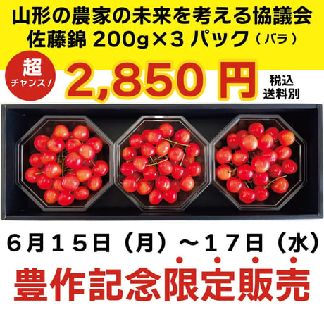 【豊作記念限定販売】特価！6/17まで！！山形県産佐藤錦200gダイヤパック3P