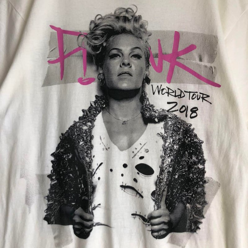 P!NK ピンク ビッグプリント Tシャツ ツアーT ミュージック ホワイト