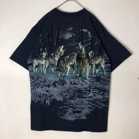 オオカミ　 アニマル　両面　ビッグプリント　半袖　Tシャツ　紺