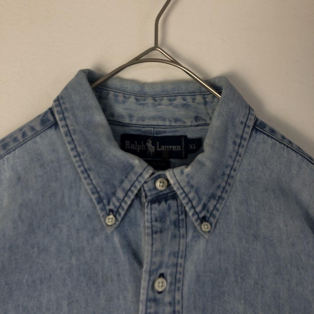 RALPH LAUREN 半袖シャツ 刺繍ロゴ 古着 デニム Mサイズ 80s ラルフローレン ロゴ 刺繍 半袖 シャツ デニム 青 | PEACE TOWN
