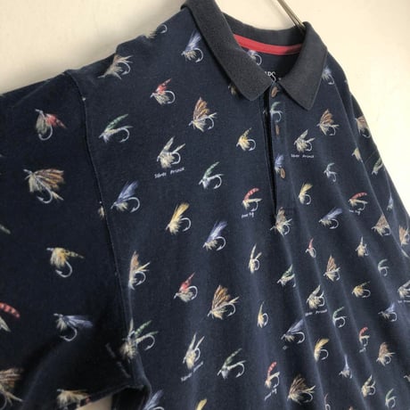 USA製　90s チャップス　釣り針　総柄　半袖　ポロシャツ　紺