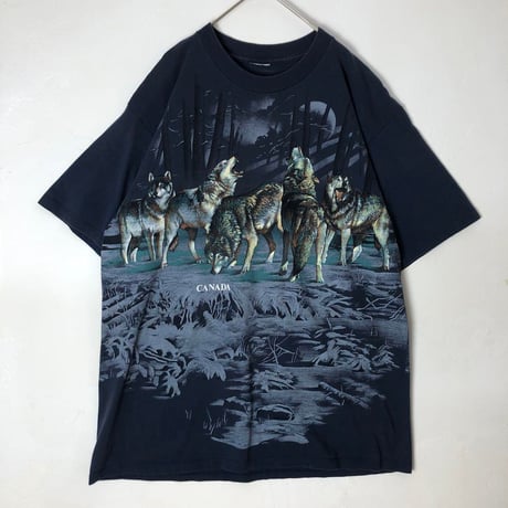 オオカミ　 アニマル　両面　ビッグプリント　半袖　Tシャツ　紺