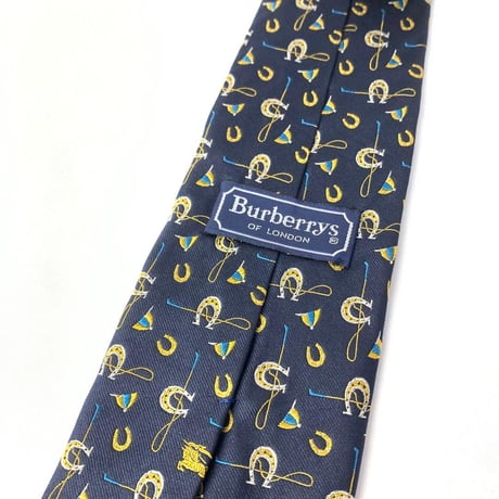 90's Burberry バーバリー　帽子　馬具　総柄　シルク　ネクタイ　ネイビー