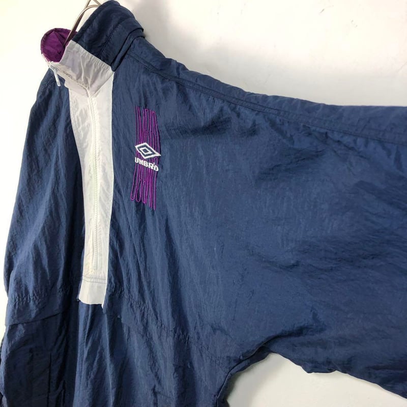 アンブロ ナイロン ジャケット パーカー 刺繍 ロゴ ハーフジップ 紺