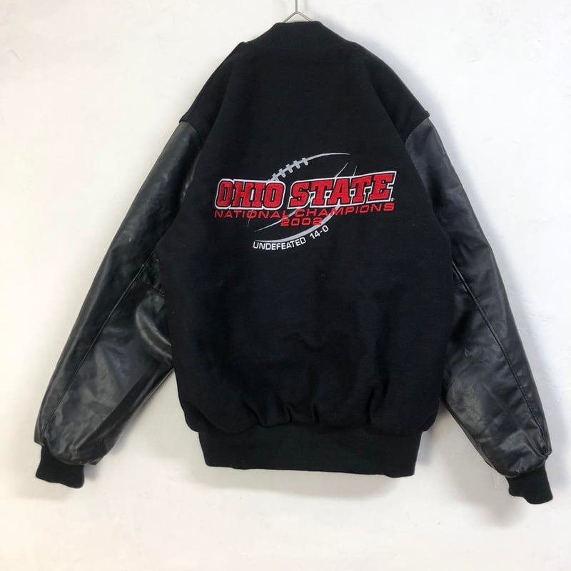 カナダ製 極上 スタジャン 企業刺繍ロゴ レザー ウール 中綿 黒 本革 カレッジ USA製 レザー ウール スタジャン オハイオ 刺繍ロゴ 黒