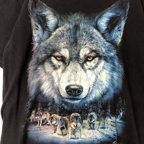 オオカミ　アニマル　ビッグプリント　半袖　Tシャツ　L　黒