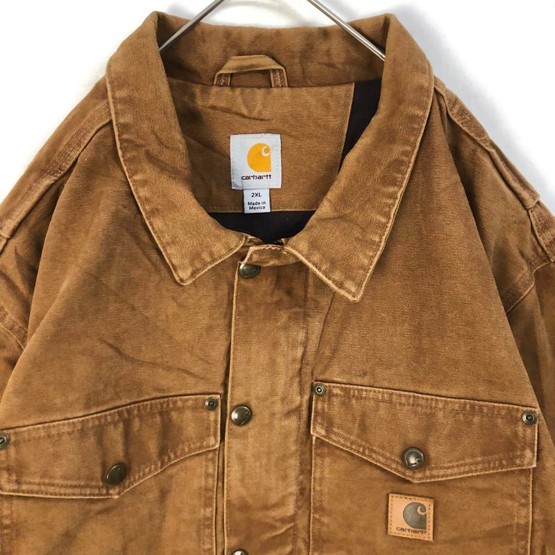 カーハート ダック 革タグ 裏地チェック XL相当 ブラウン 肉厚 長袖シャツ 753e199e5d0f91ad320e97d1910aab