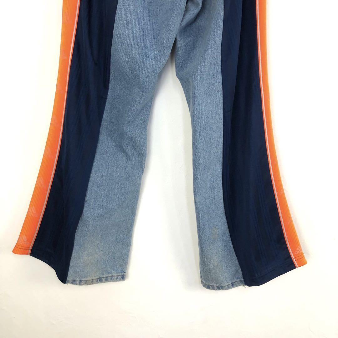 adidas リメイクデニムパンツ アディダス リメイク ジャージ デニム パンツ 再構築 刺繍 ロゴ