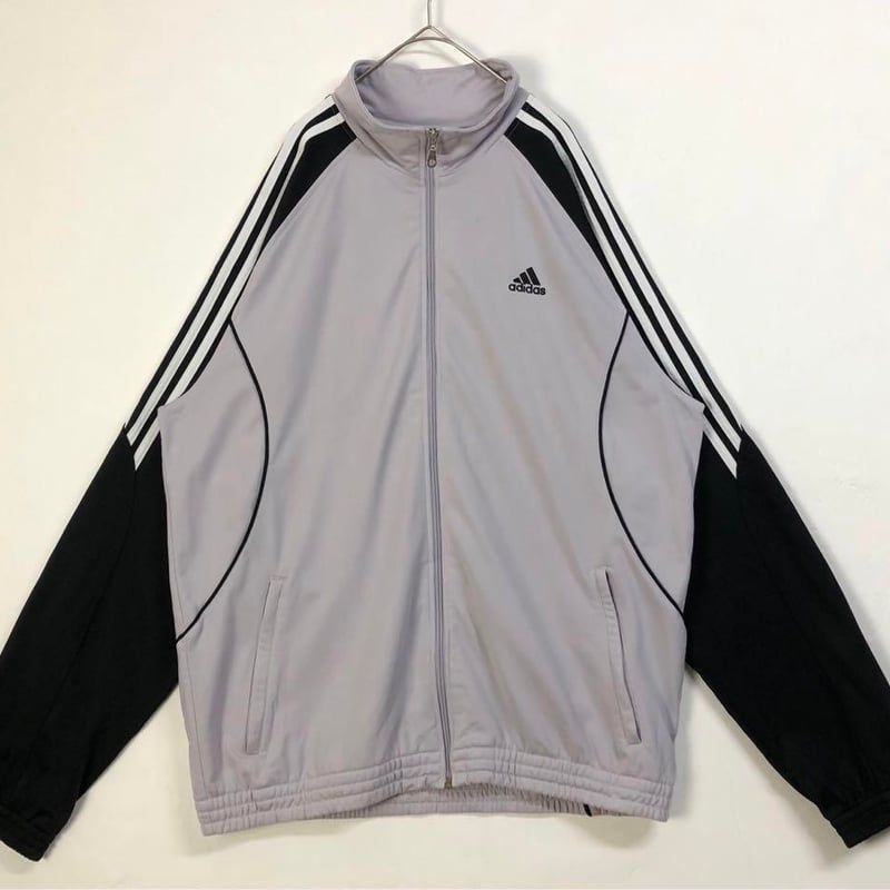 アディダス 刺繍 切替 袖ライン トラックジャケット ジャージ グレー黒