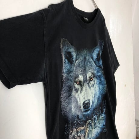 オオカミ　アニマル　ビッグプリント　半袖　Tシャツ　L　黒
