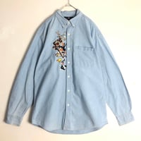 ルーニーテューンズ　刺繍　長袖　シャンブレー　シャツ　インディゴブルー