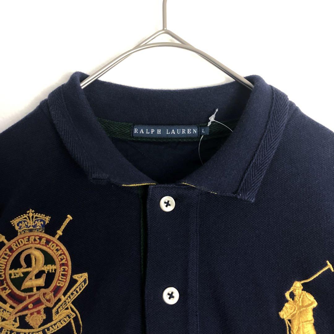 ラルフローレン♡ ロングベスト　ビッグロゴ刺繍　ネイビー POLO ラルフローレン 長袖 ポロシャツ ビッグロゴ 刺繍 背番号 紺