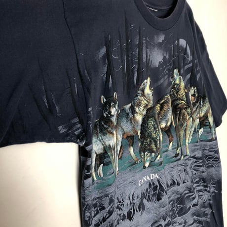オオカミ　 アニマル　両面　ビッグプリント　半袖　Tシャツ　紺