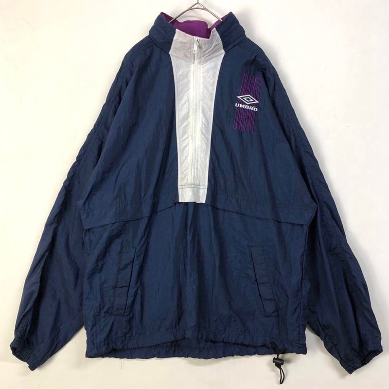 アンブロ ナイロン ジャケット パーカー 刺繍 ロゴ ハーフジップ 紺